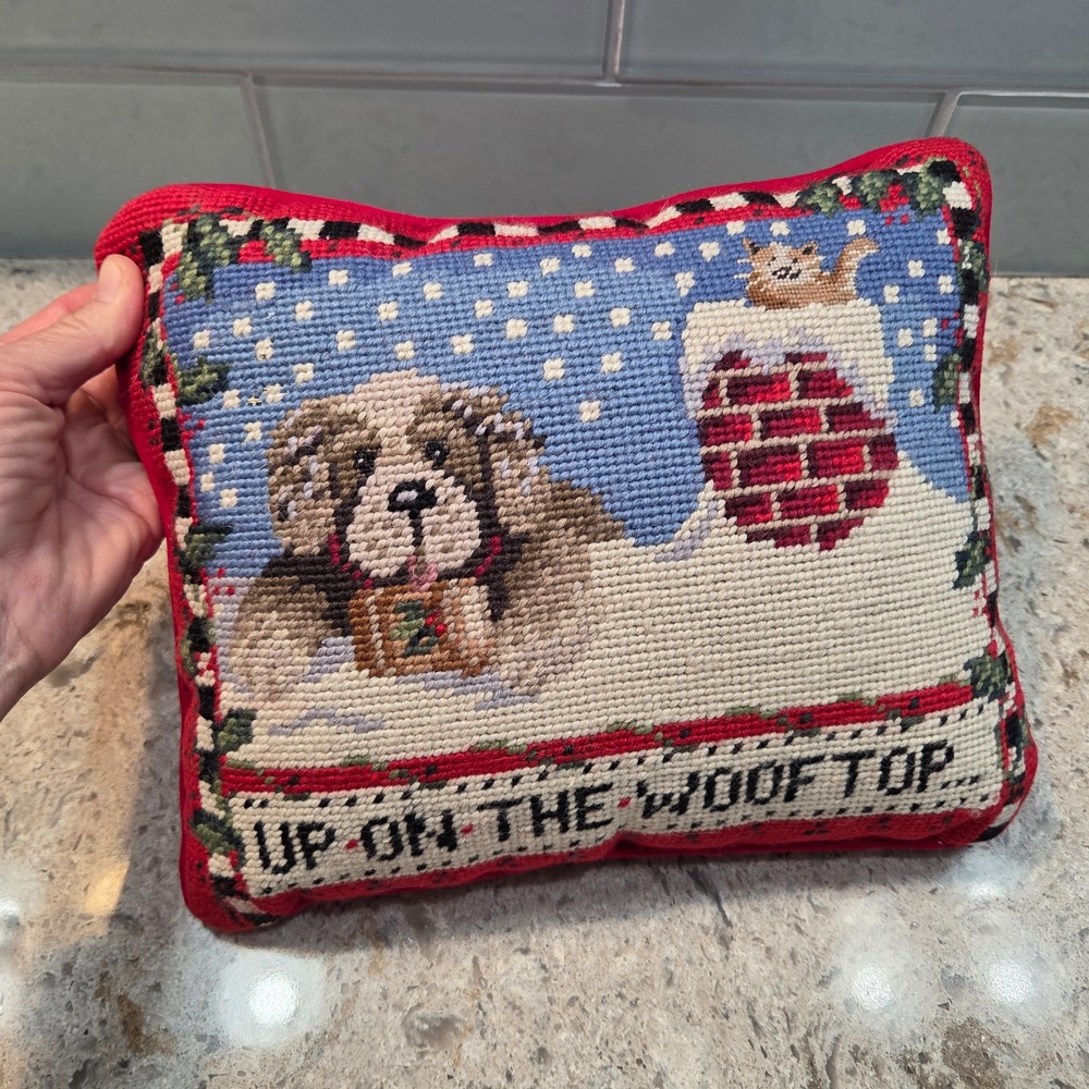 Up On The Wooftop Christmas Needlepoint Pillow Dog Cat Holiday Decor Red 10x8